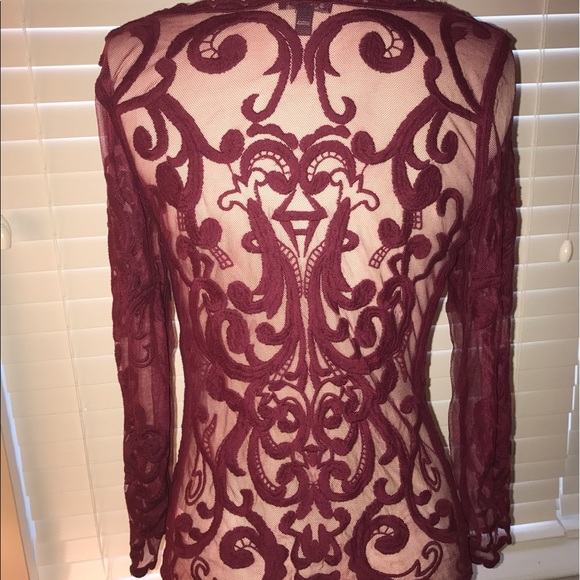 Burgundy long sleeve embroidered mesh top. BNWOT. - Picture 4 of 4