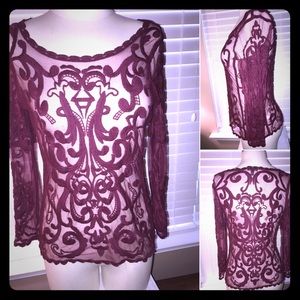Burgundy long sleeve embroidered mesh top. BNWOT.