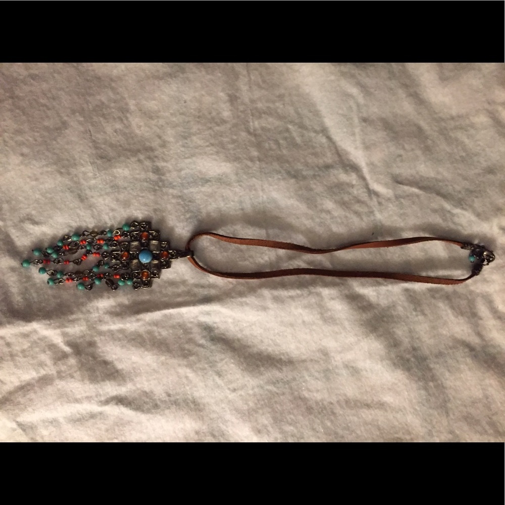 Brown suede necklace w/turquoise jewels