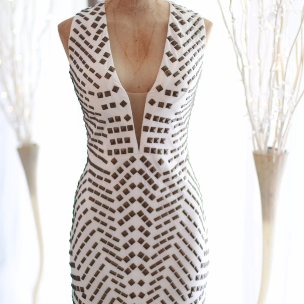 Jovani 6323 white dress with copper studs