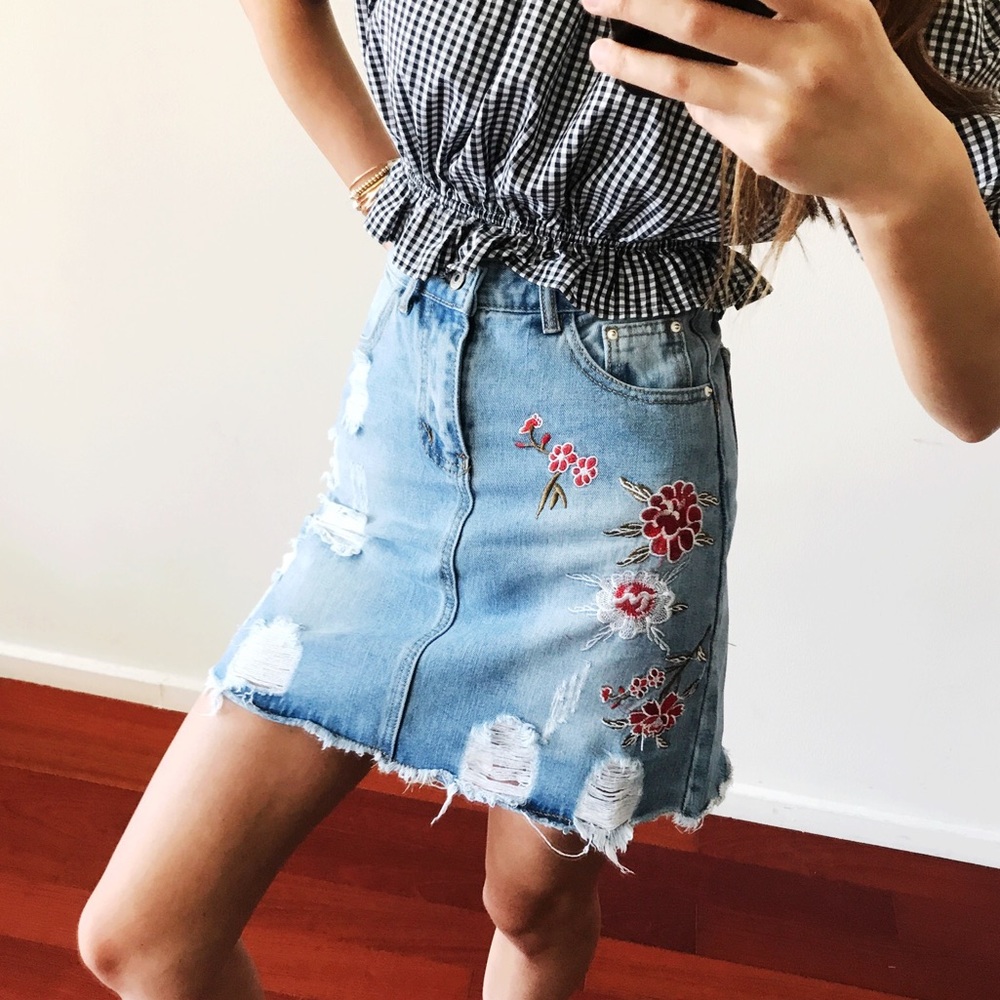 Cherry Blossom Distressed High Waist Denim Skirt