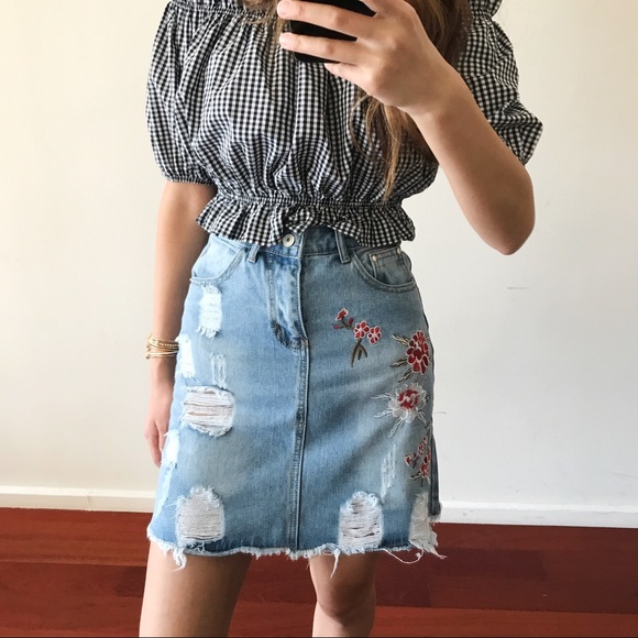 Cherry Blossom Distressed High Waist Denim Skirt - Picture 2 of 4