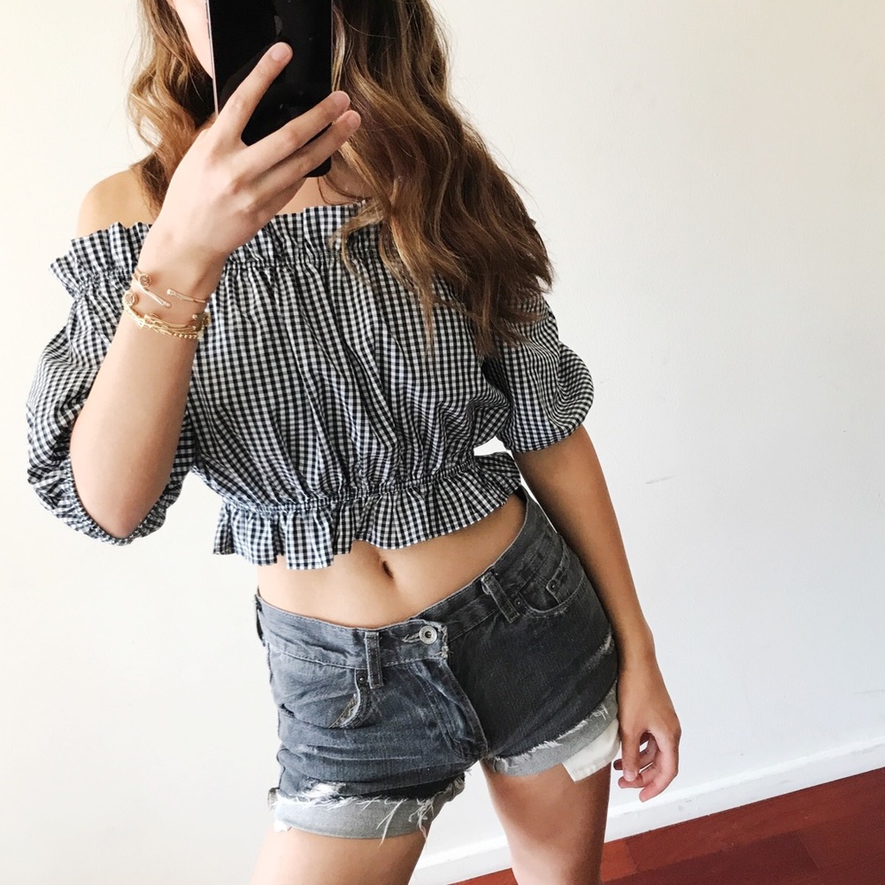 Gingham Off the Shoulder Bardot Top