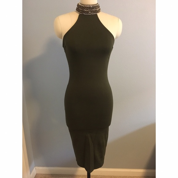 Army Green/Olive Dress with Gem Halter Top - Picture 1 of 4