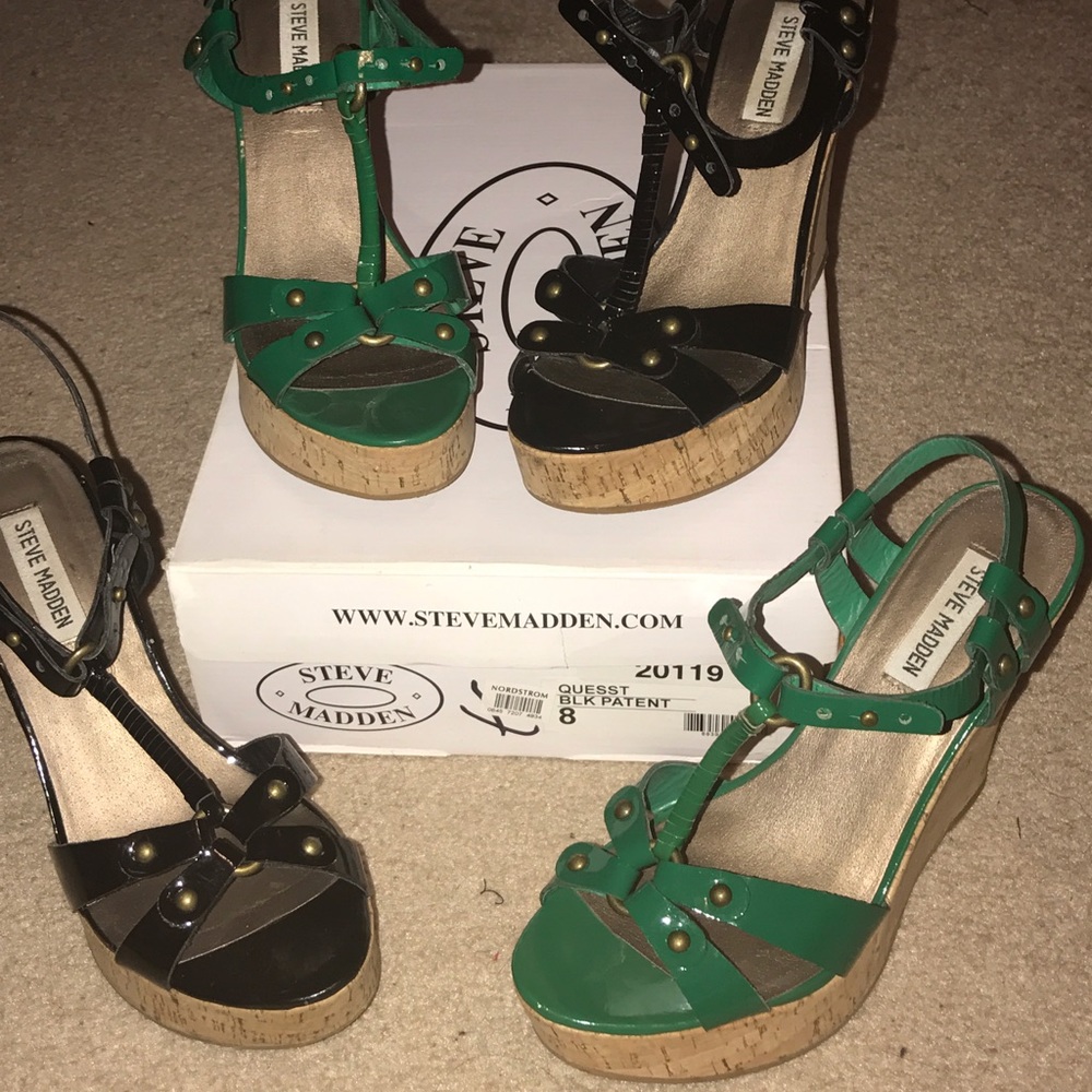 Steve Madden Quesst corked wedges GREEN and BLACK.