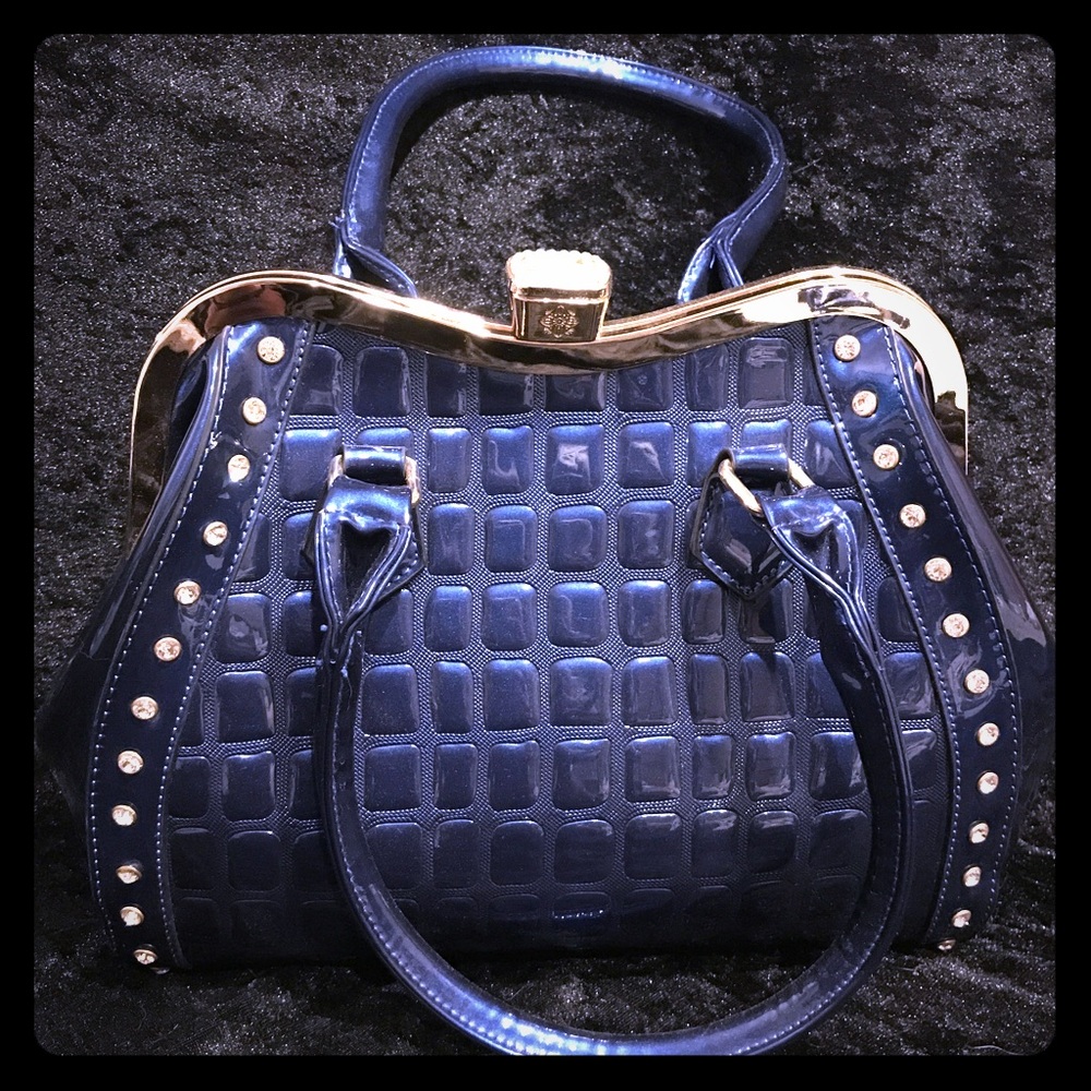 Navy blue glossy boutique style hand purse