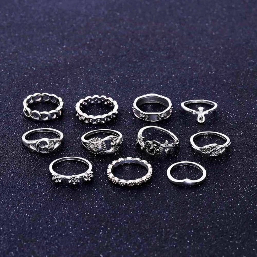 New Antique Silver Boho Sun Moon Midi Ring Set - Picture 3 of 5