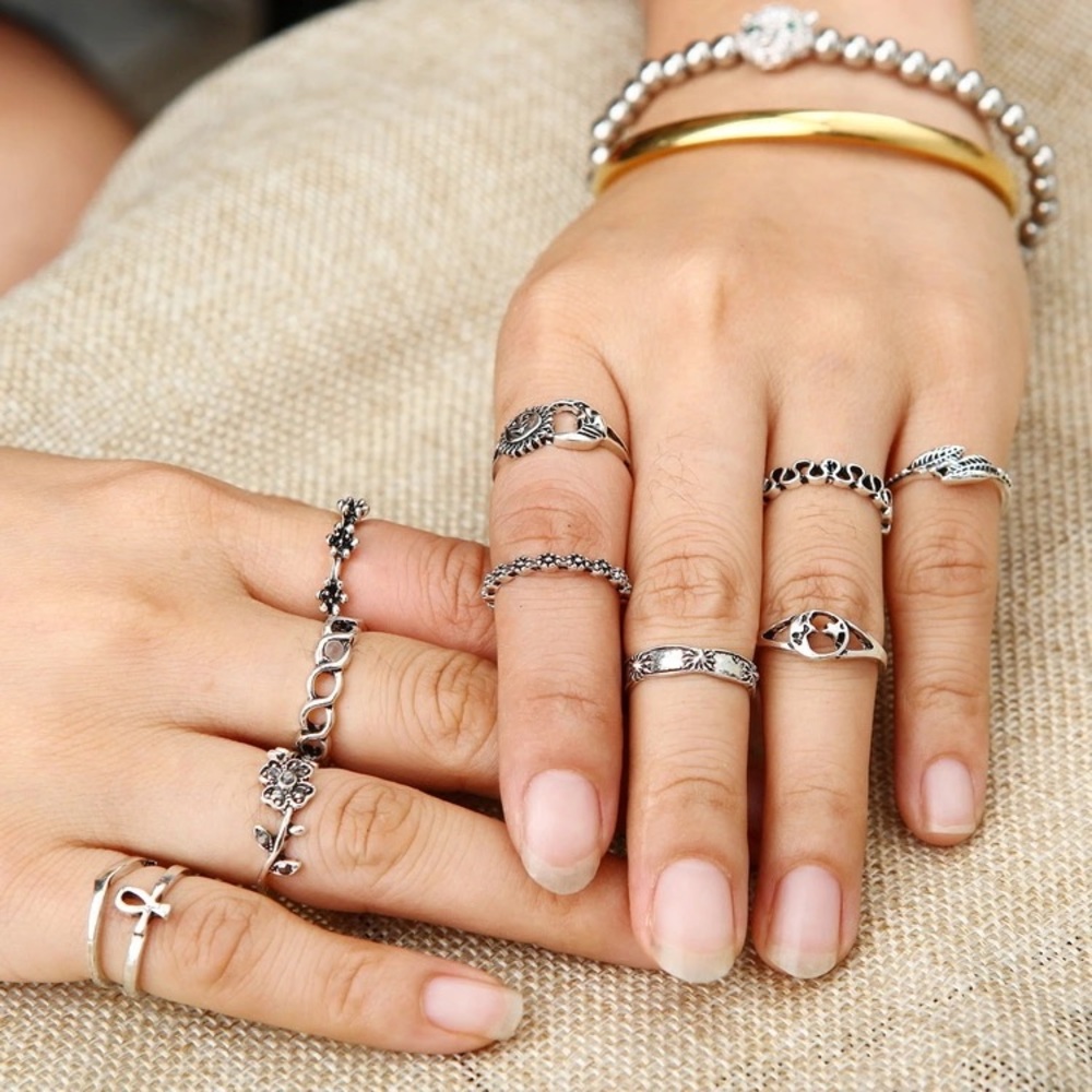 New Antique Silver Boho Sun Moon Midi Ring Set - Picture 5 of 5