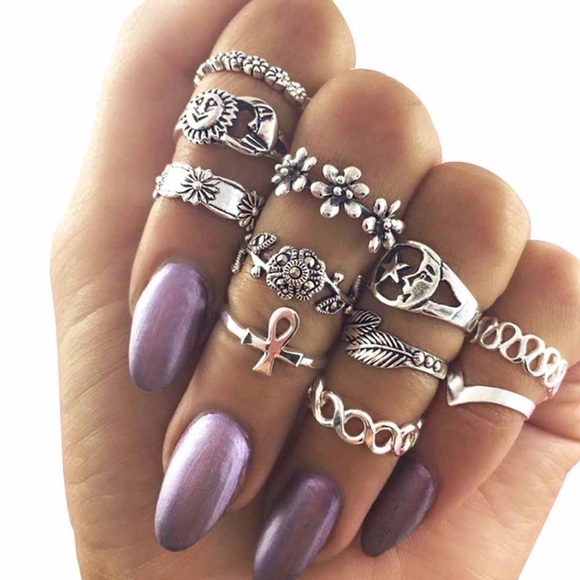 Jewelry - New Antique Silver Boho Sun Moon Midi Ring Set