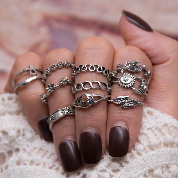 New Antique Silver Boho Sun Moon Midi Ring Set - Picture 2 of 5