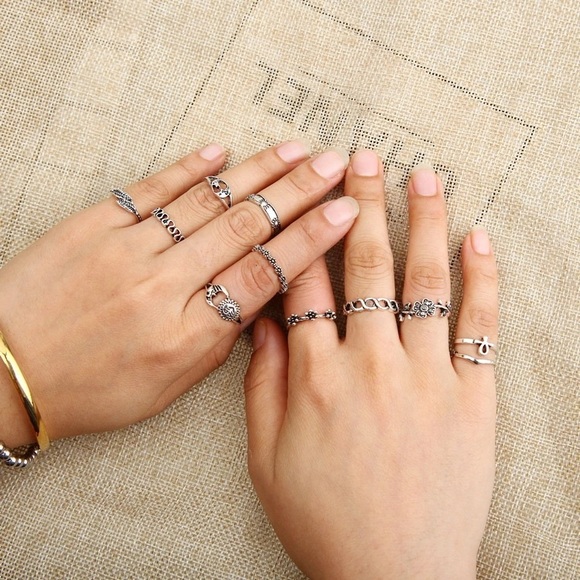 New Antique Silver Boho Sun Moon Midi Ring Set - Picture 4 of 5