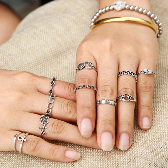 New Antique Silver Boho Sun Moon Midi Ring Set - Picture 5 of 5