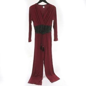 MAROON JUMPSUIT WITH FAUX CORSET BELT