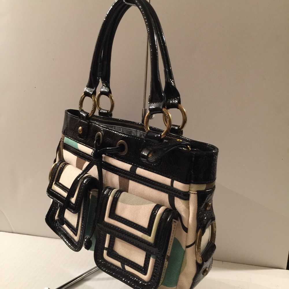Kate Landry Green Brown Circles Canvas Handbag