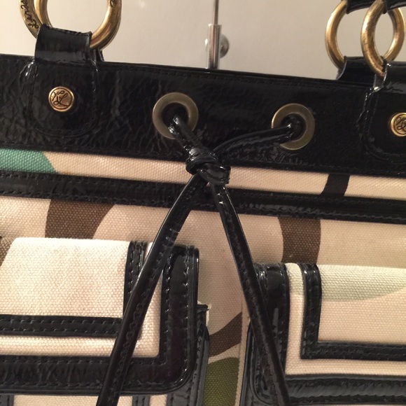 Kate Landry Green Brown Circles Canvas Handbag - Picture 3 of 8