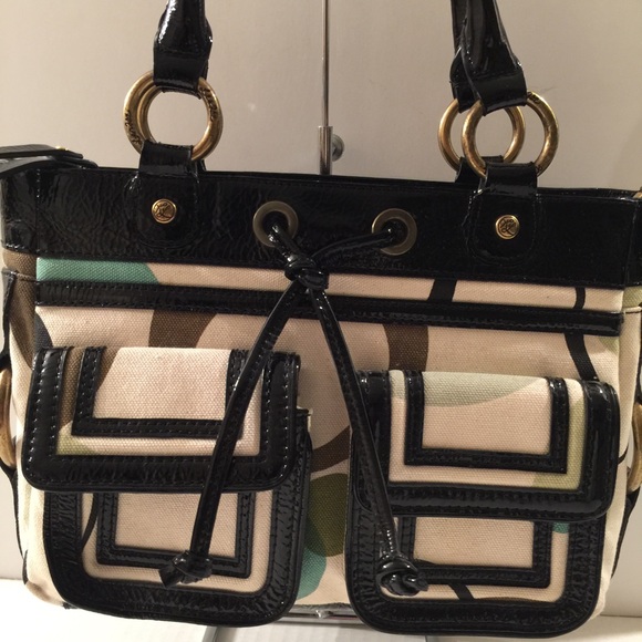 Kate Landry Green Brown Circles Canvas Handbag - Picture 8 of 8