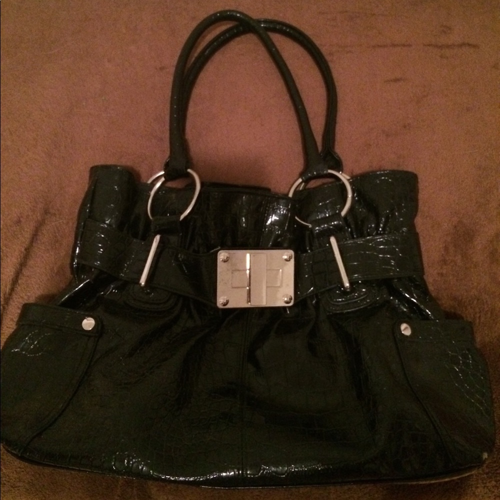 Black Crocodile Skin Patterned Handbag