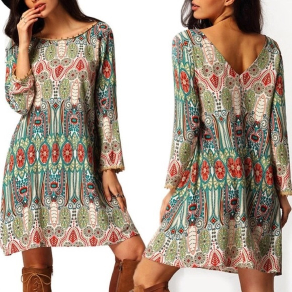 V-Neck Long Sleeve Loose Pom Pom Tunic Dress - Picture 1 of 8