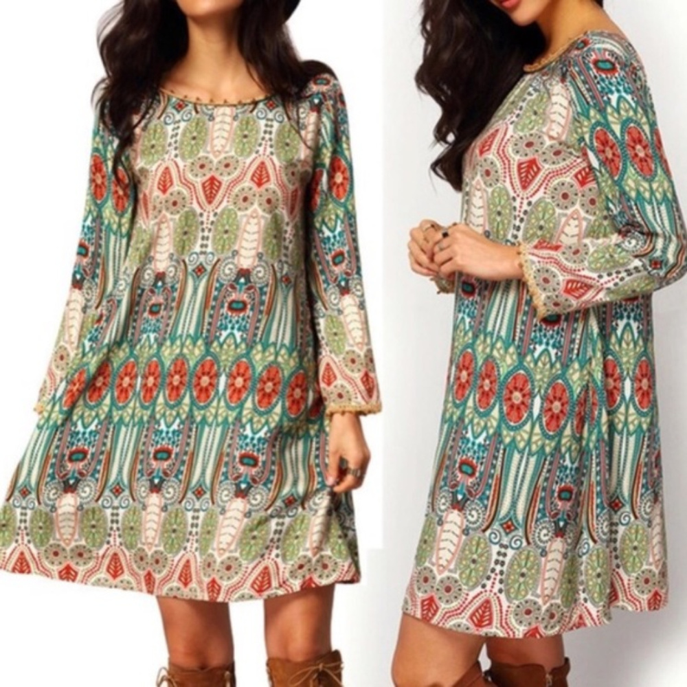 V-Neck Long Sleeve Loose Pom Pom Tunic Dress - Picture 4 of 8