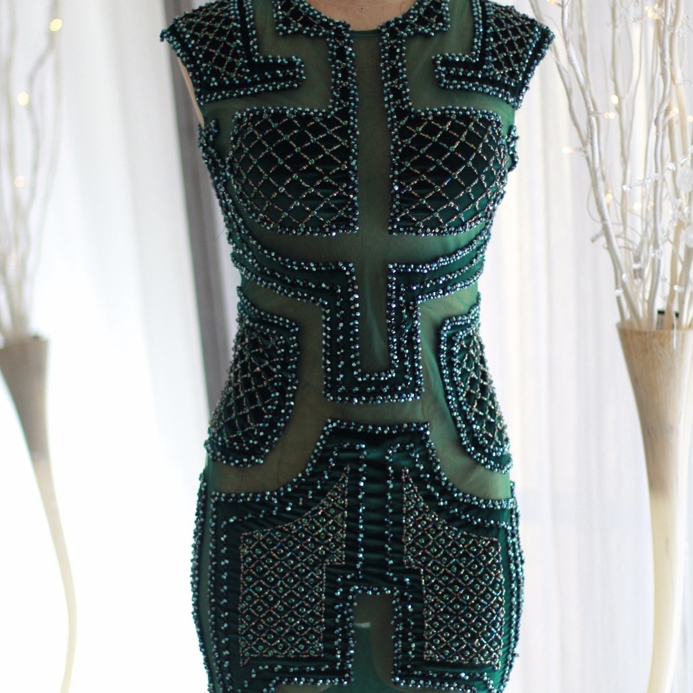 Green crystal mesh and velvet dress