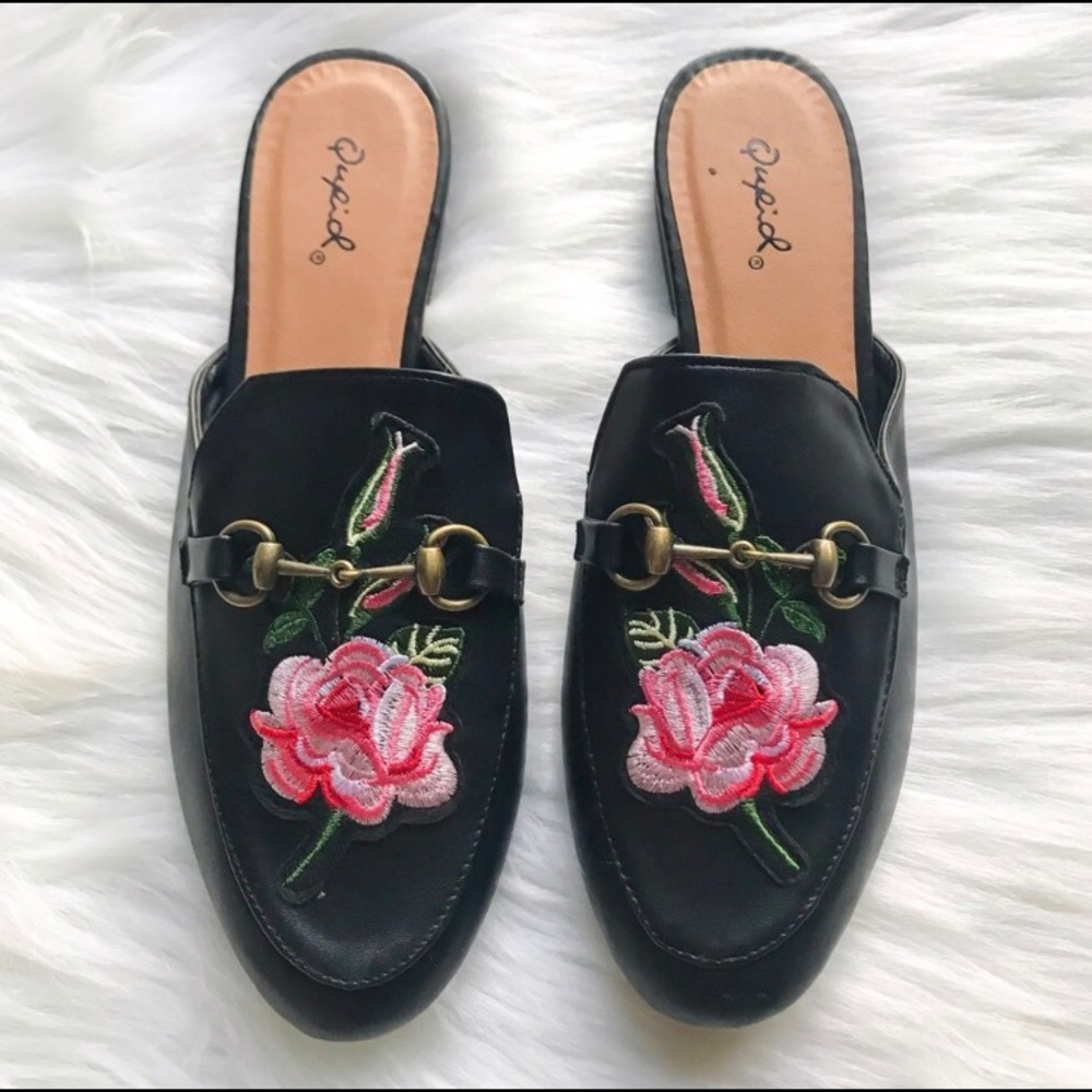 Embroidered Rose Loafers Mules Slides Flat - Picture 2 of 8