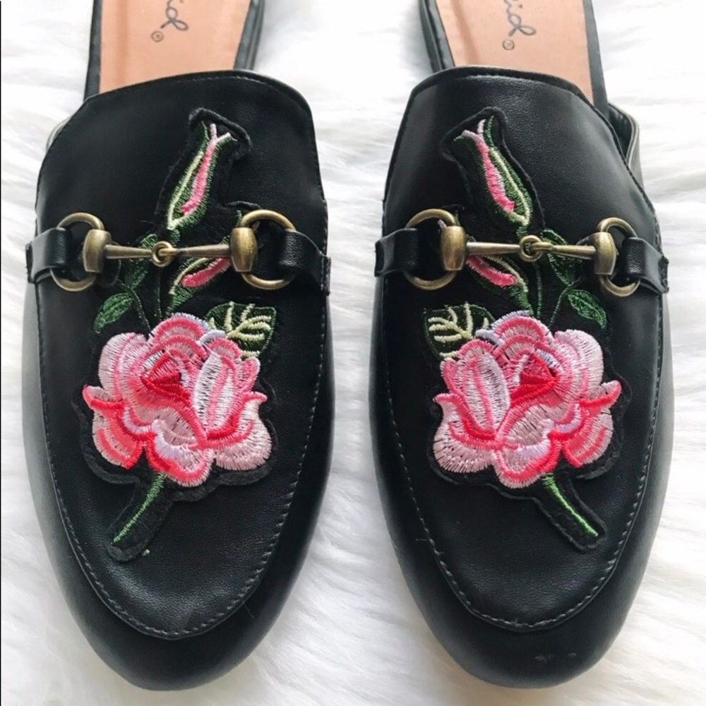 Embroidered Rose Loafers Mules Slides Flat - Picture 3 of 8