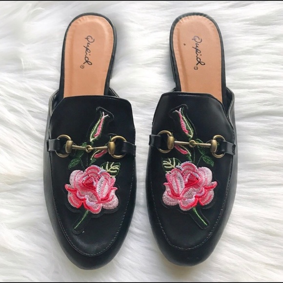 Embroidered Rose Loafers Mules Slides Flat - Picture 2 of 8