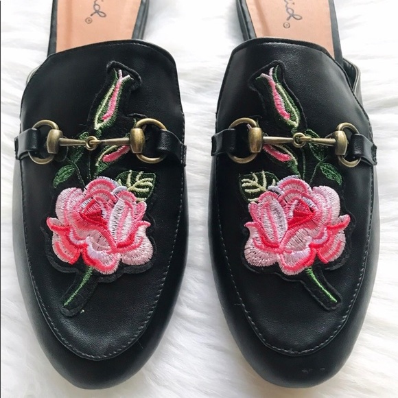 Embroidered Rose Loafers Mules Slides Flat - Picture 3 of 8
