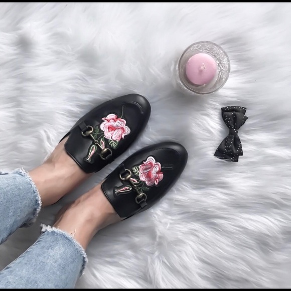 Embroidered Rose Loafers Mules Slides Flat - Picture 8 of 8