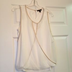White Silk Sleeveless Blouse w/Gold Metallic Trim