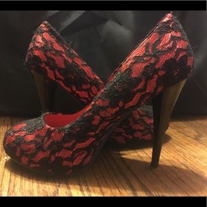 Red & black lace heels- Size 8