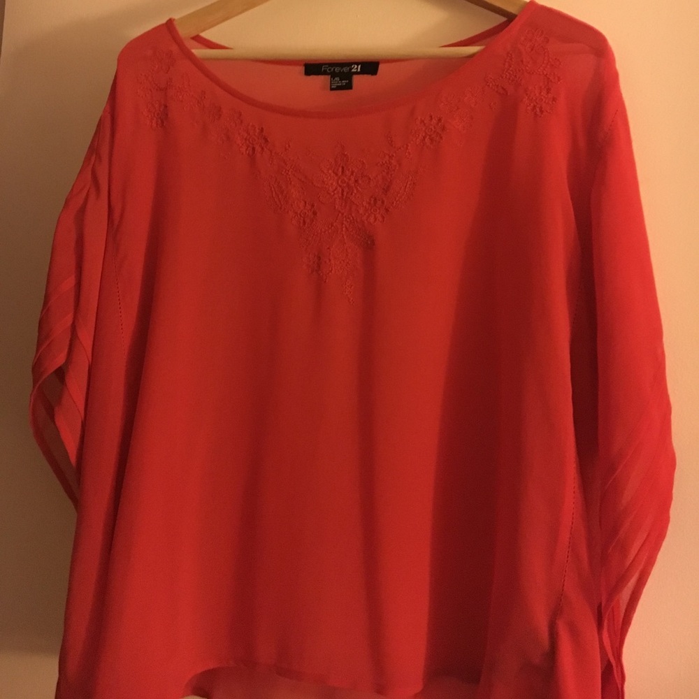 Forever 21 burnt orange sheer blouse w embroidery