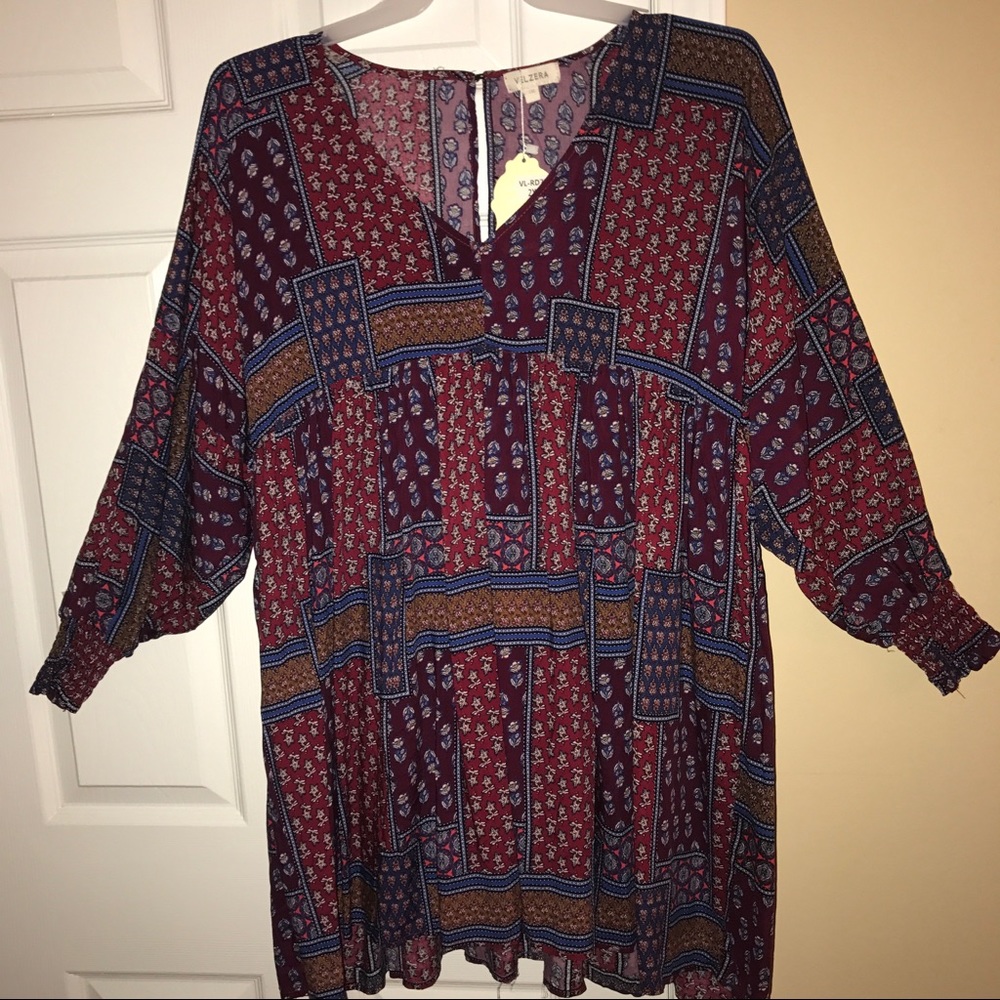 Velzera Red & Blue Patchwork Empire-waist Dress