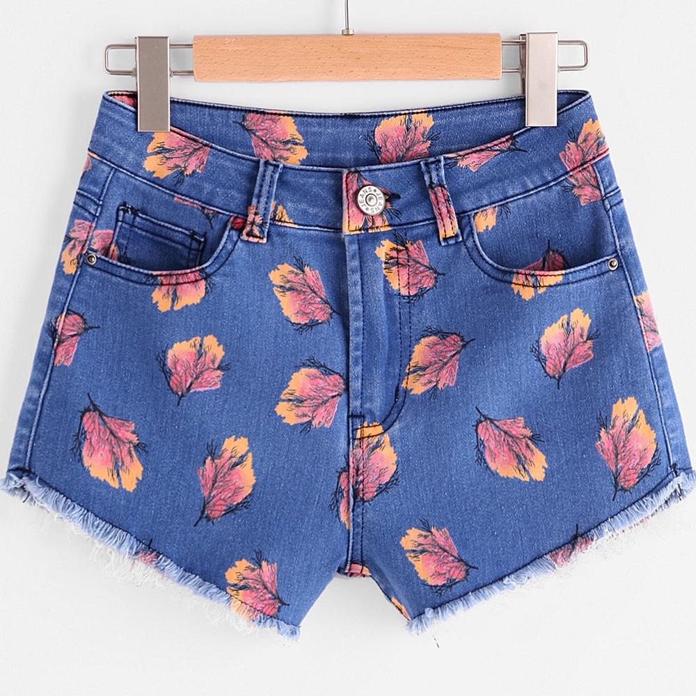Floral Denim Cutoff Shorts High Waisted Distressed Hem Summer Jean Shorts - Picture 4 of 6