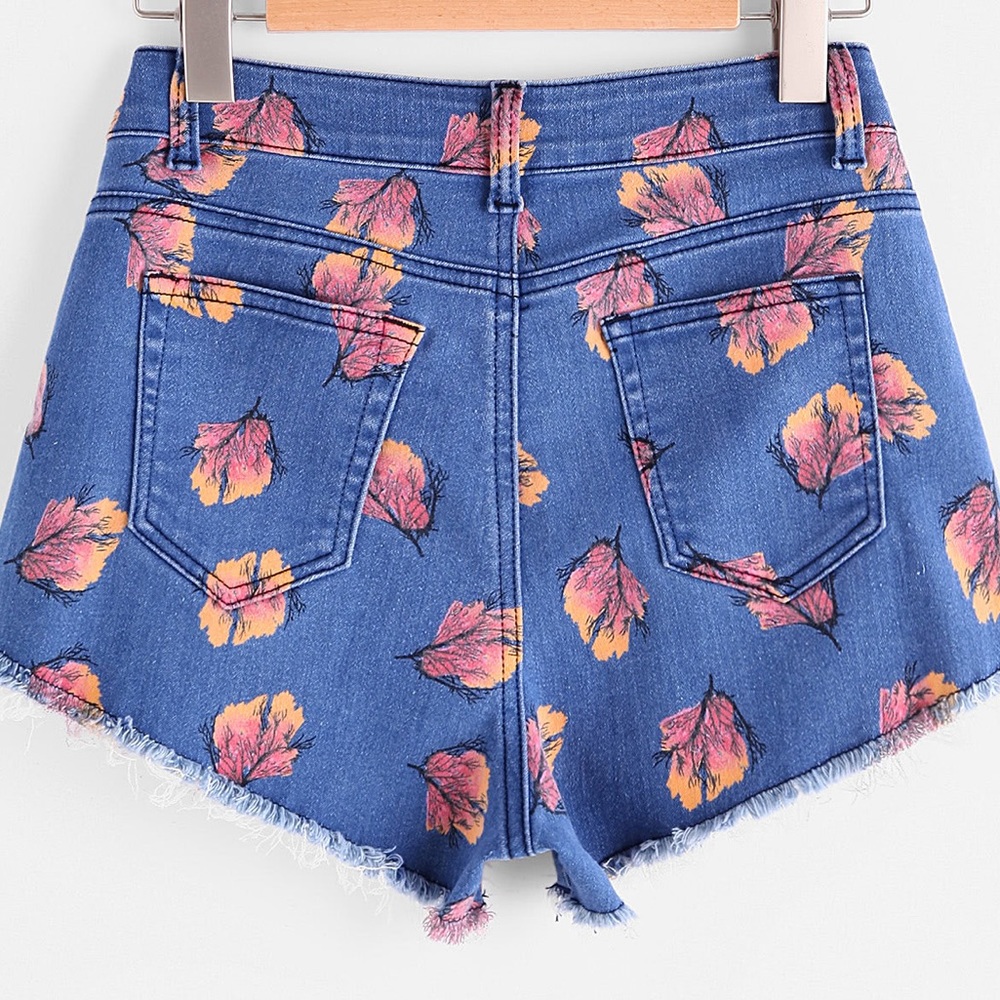 Floral Denim Cutoff Shorts High Waisted Distressed Hem Summer Jean Shorts - Picture 5 of 6