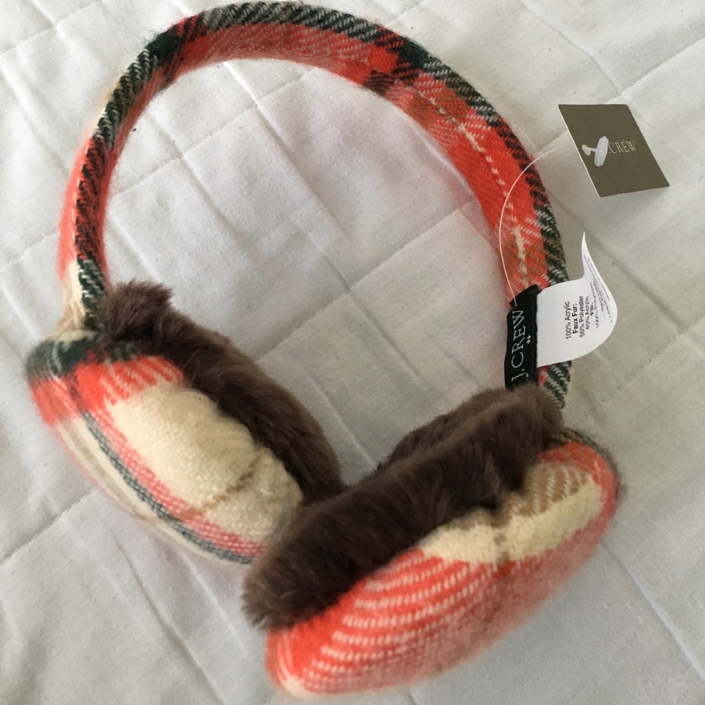 J Crew Fuzzy/Plaid Ear Muffs- NWT