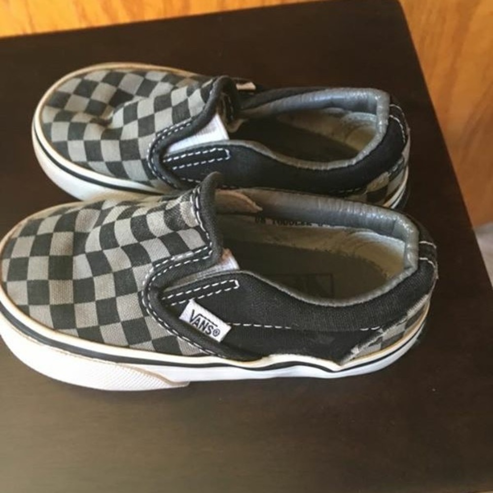 Toddler vans. Black and grey checkered slip on.
