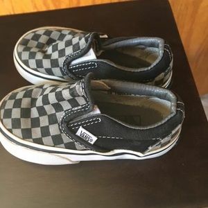 Toddler vans. Black and grey checkered slip on.