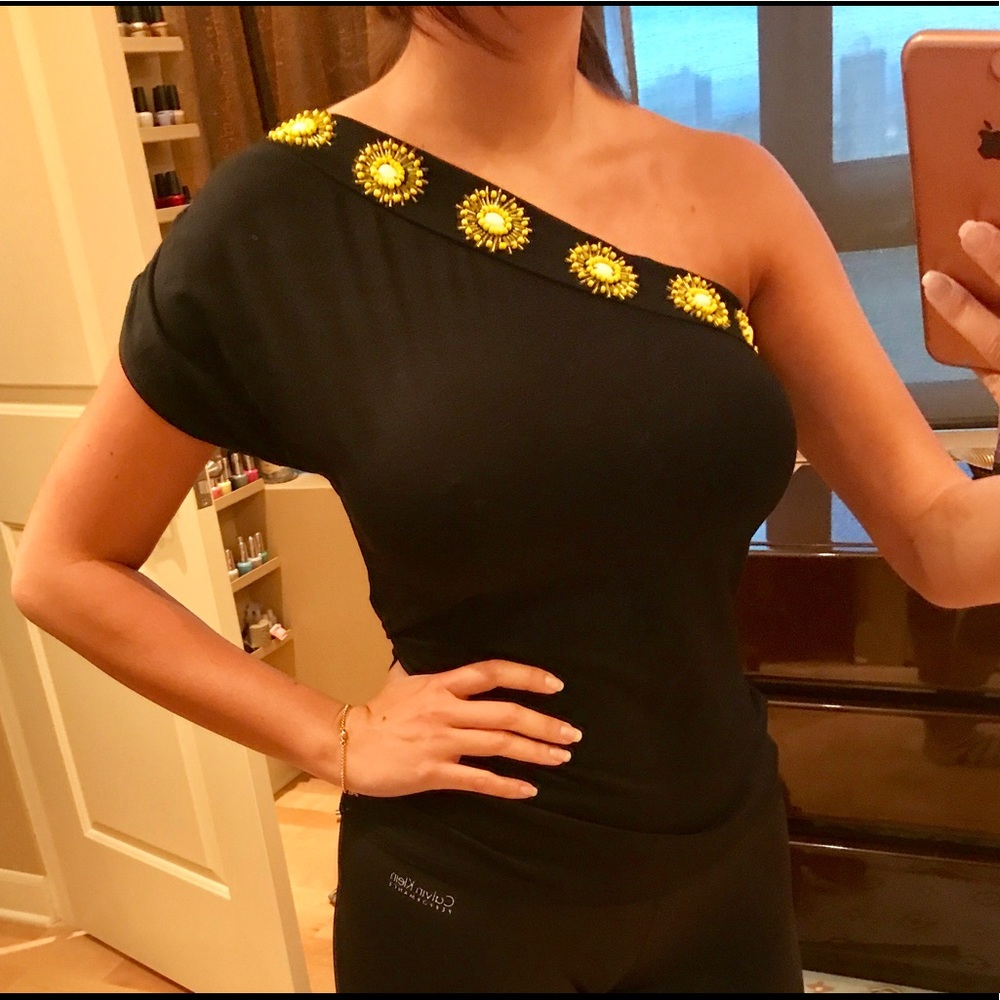 Trina Turk Blackw/Yellow Beading 1 Shoulder Blouse