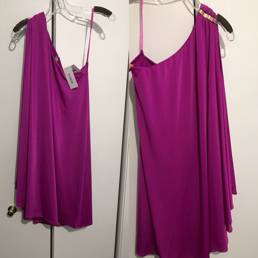 One-Shoulder Fuschia Dress with Gold Detail