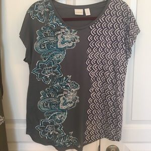 Chico's hand beaded top size 2 grey / w flowers