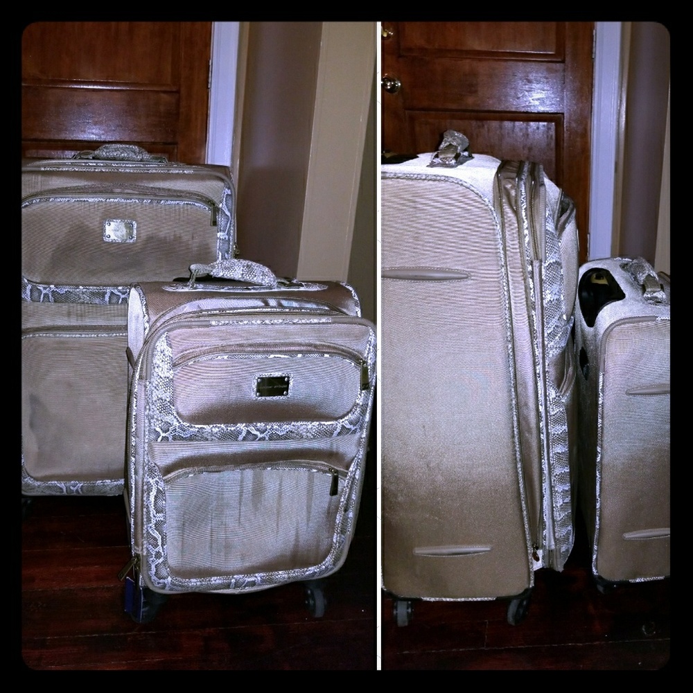 Adrienne Vittadini Tan Faux Python Luggage Set