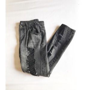 Charcoal Gray Ripped High Waisted Tapered Jeans