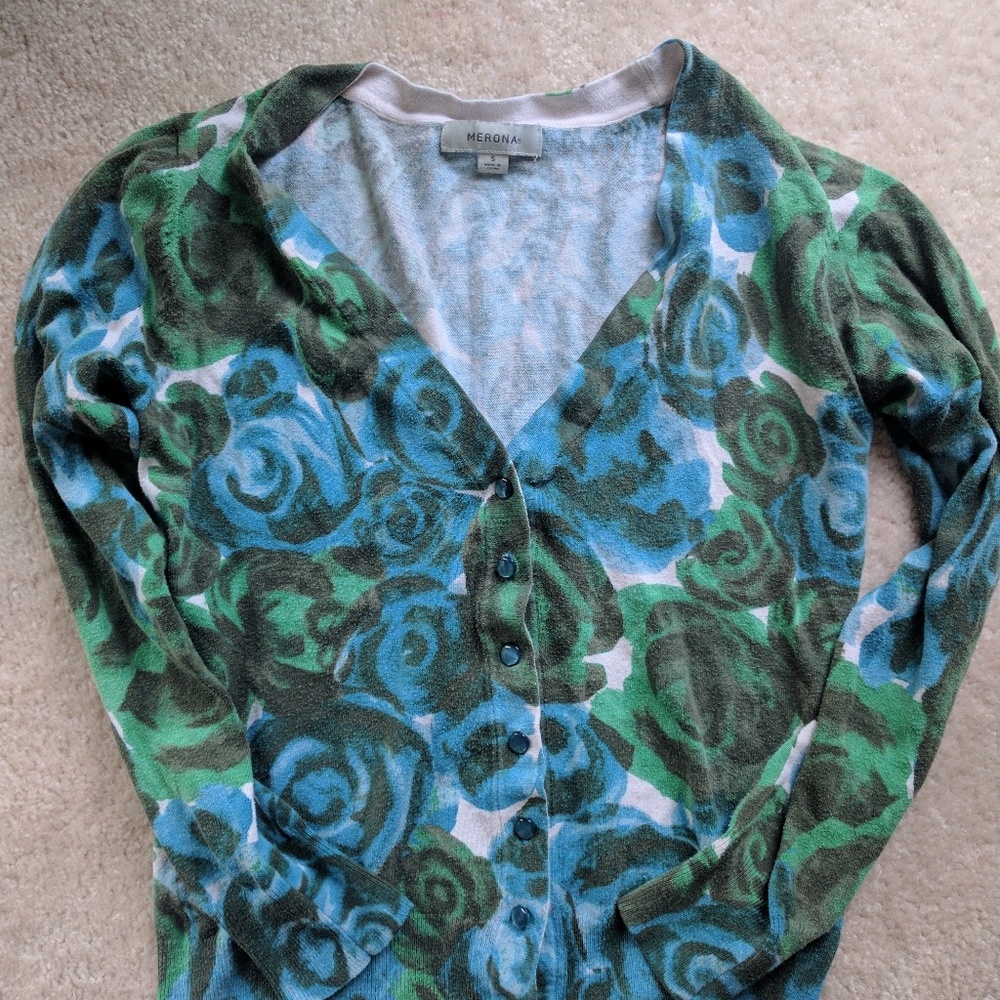 Merona Blue and Green Floral Cardigan