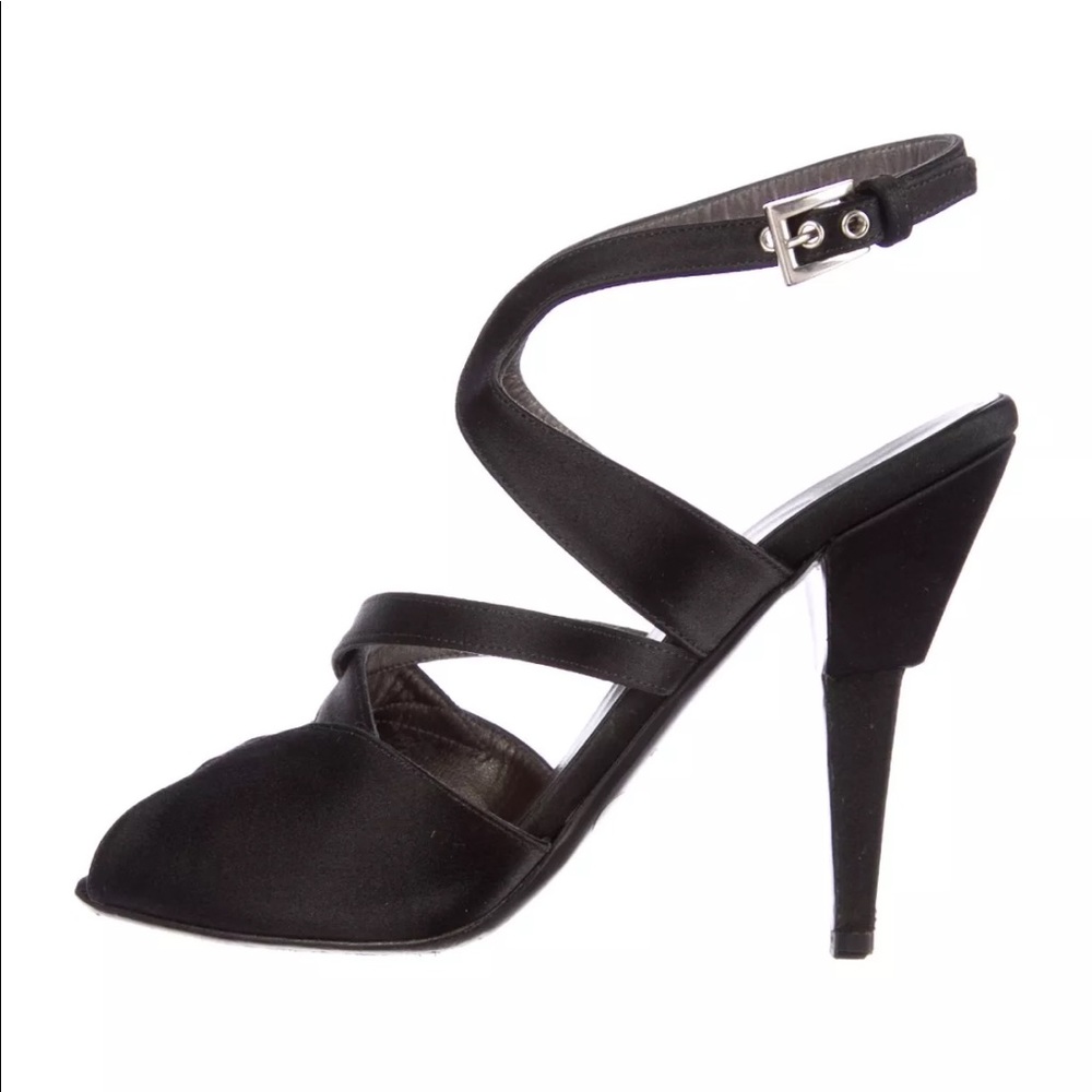 PRADA Black Satin Open-Toe Slingback Pumps.
