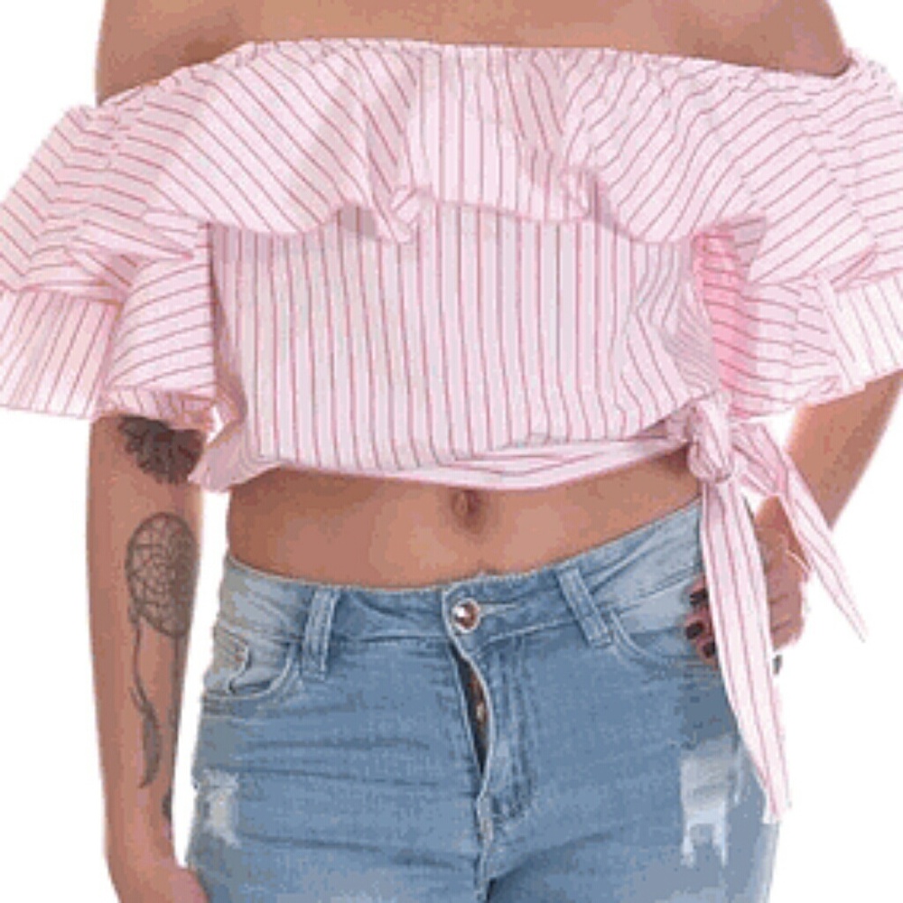 Off The Shoulder Ruffle Flounce Side Tie Crop Top