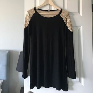 Black Long Sleeve Top with Gold Sequin Shoulders