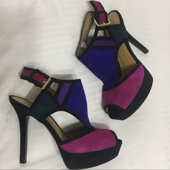 Nine West suede peep toe platform sandal/ heel - Picture 6 of 8