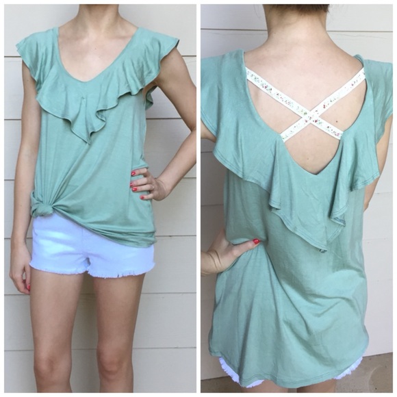❌LAST DAY ON POSH❌Mint Cross Back Ruffle Top - Picture 3 of 5
