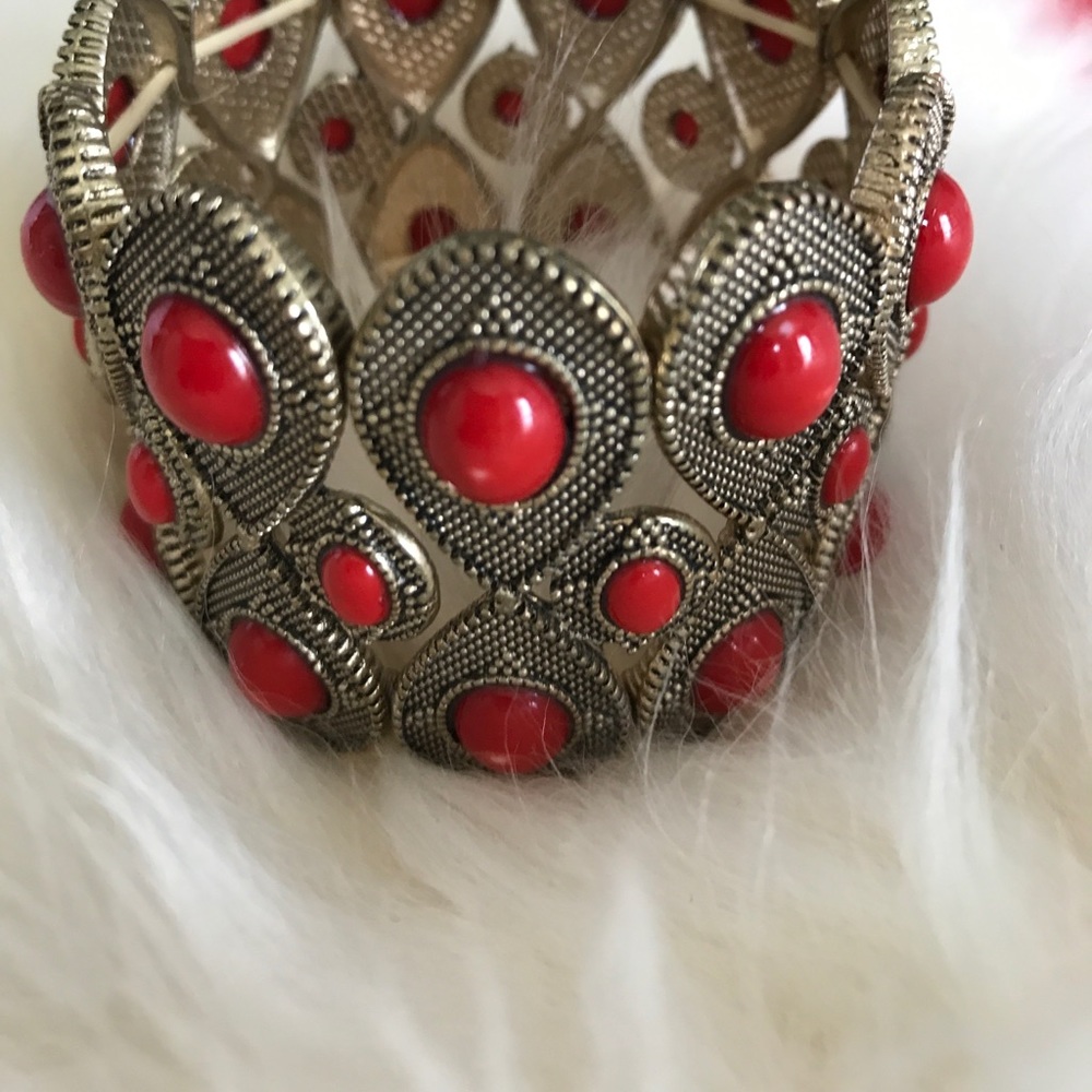 Red and Gold Tone Stretch Bracelet Costume Jewelry